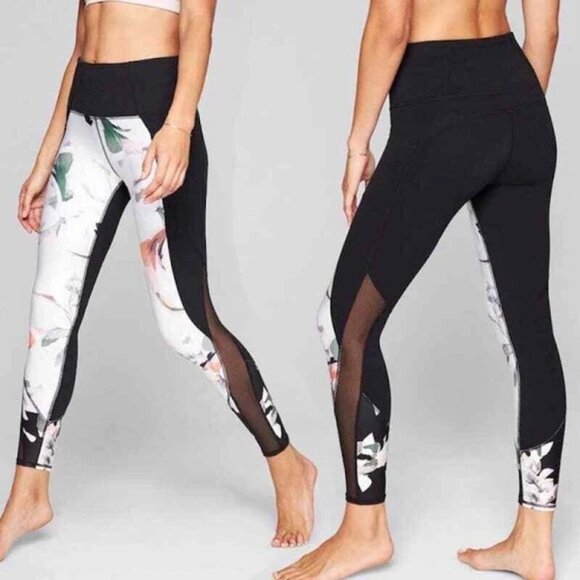 Athleta Blossom Intuition Floral Black Leggings 7/8 Tight Mesh Cutouts Small - Picture 1 of 12